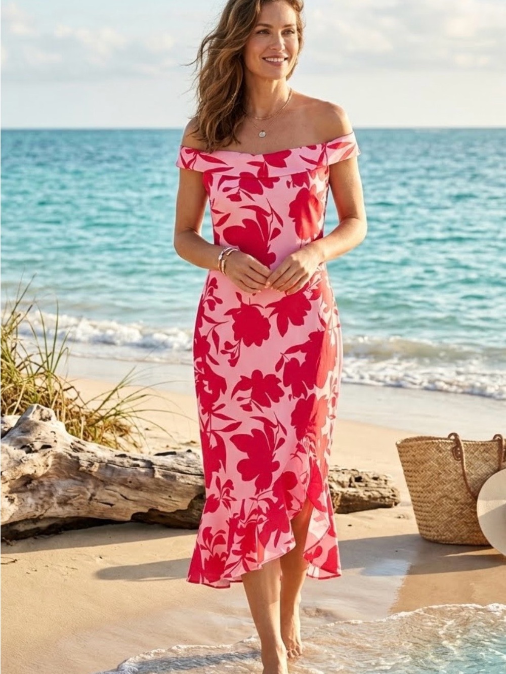 Off-Shoulder Pink & Red Floral Midi Dress